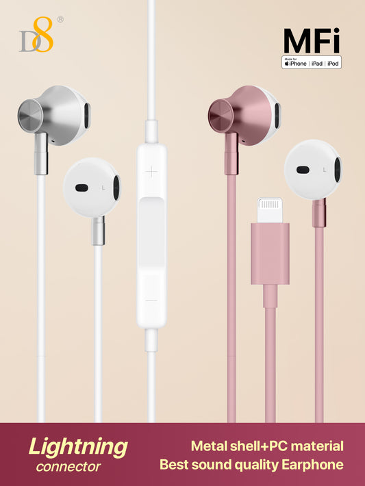 D8 Wired Lightning Headphones (2-Pack) – Mic, Remote, Noise-Isolating Earbuds for iPhone