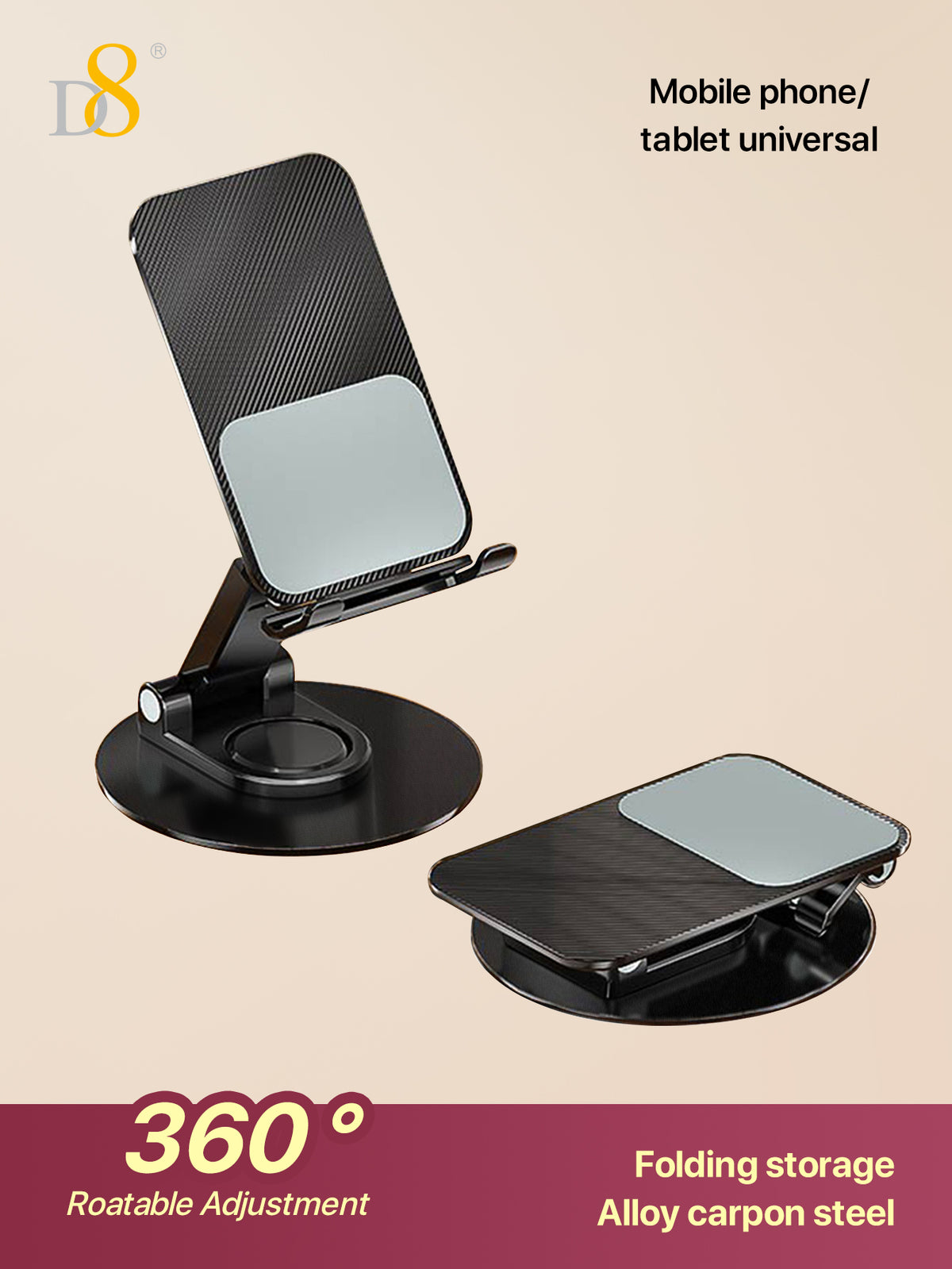 D8 360° Dual Folding Phone & Tablet Stand – Adjustable, Foldable Desktop Holder