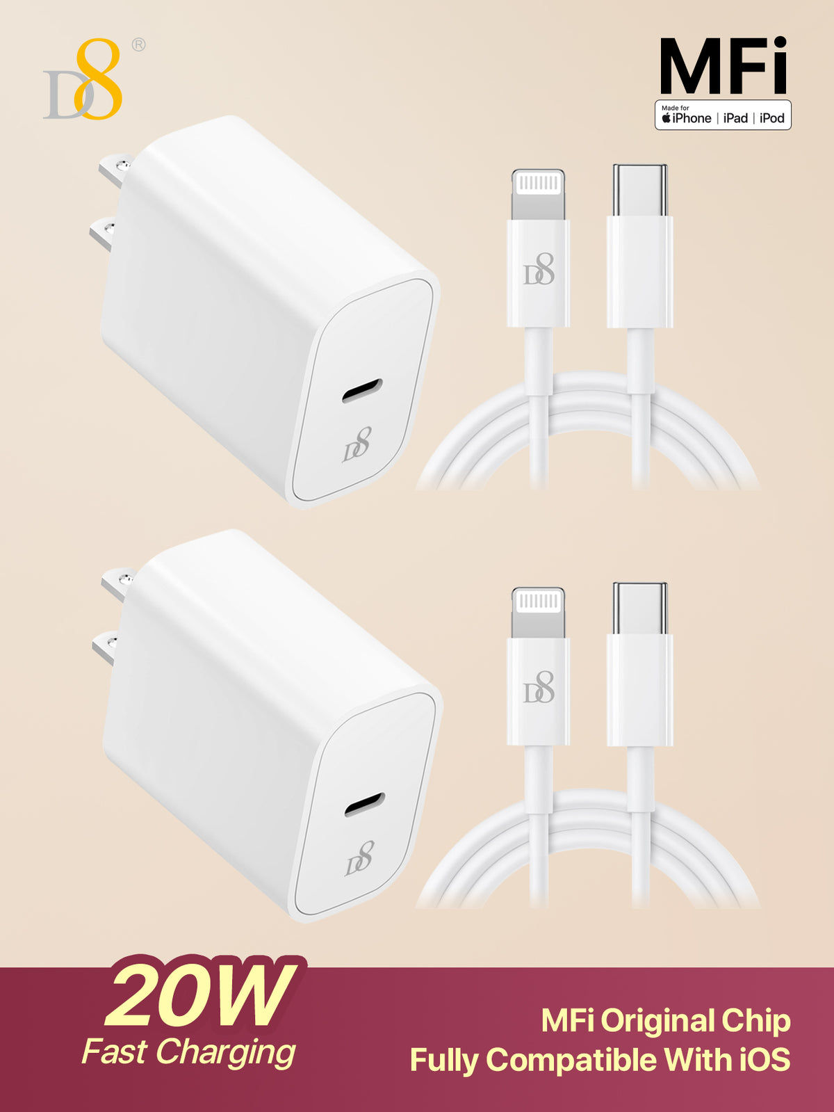D8 20W PD USB-C Wall Charger 2-Pack 3.3ft Fast Charging Cable MFi Certified