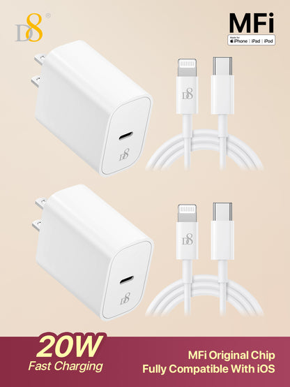 D8 20W PD USB-C Wall Charger 2-Pack 3.3ft Fast Charging Cable MFi Certified
