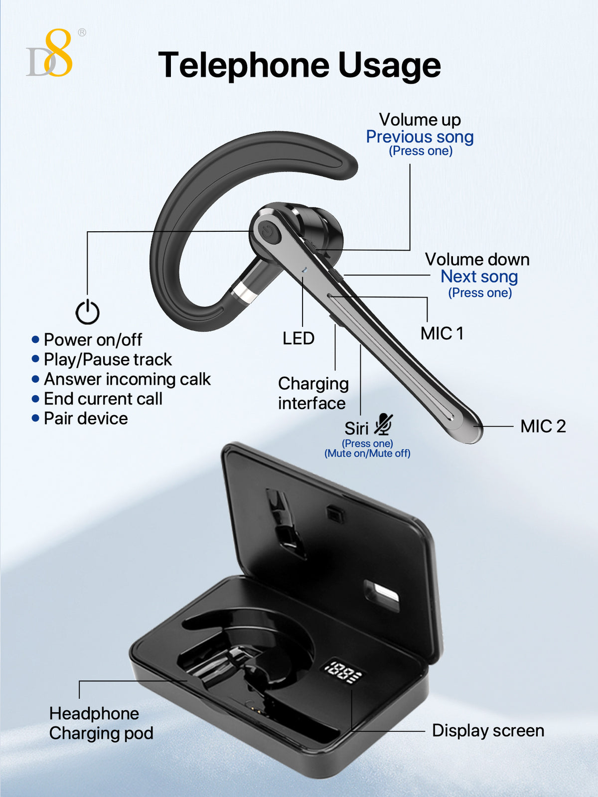 D8 Wireless Earbuds – LED Battery Display, Deep Bass, Noise Canceling