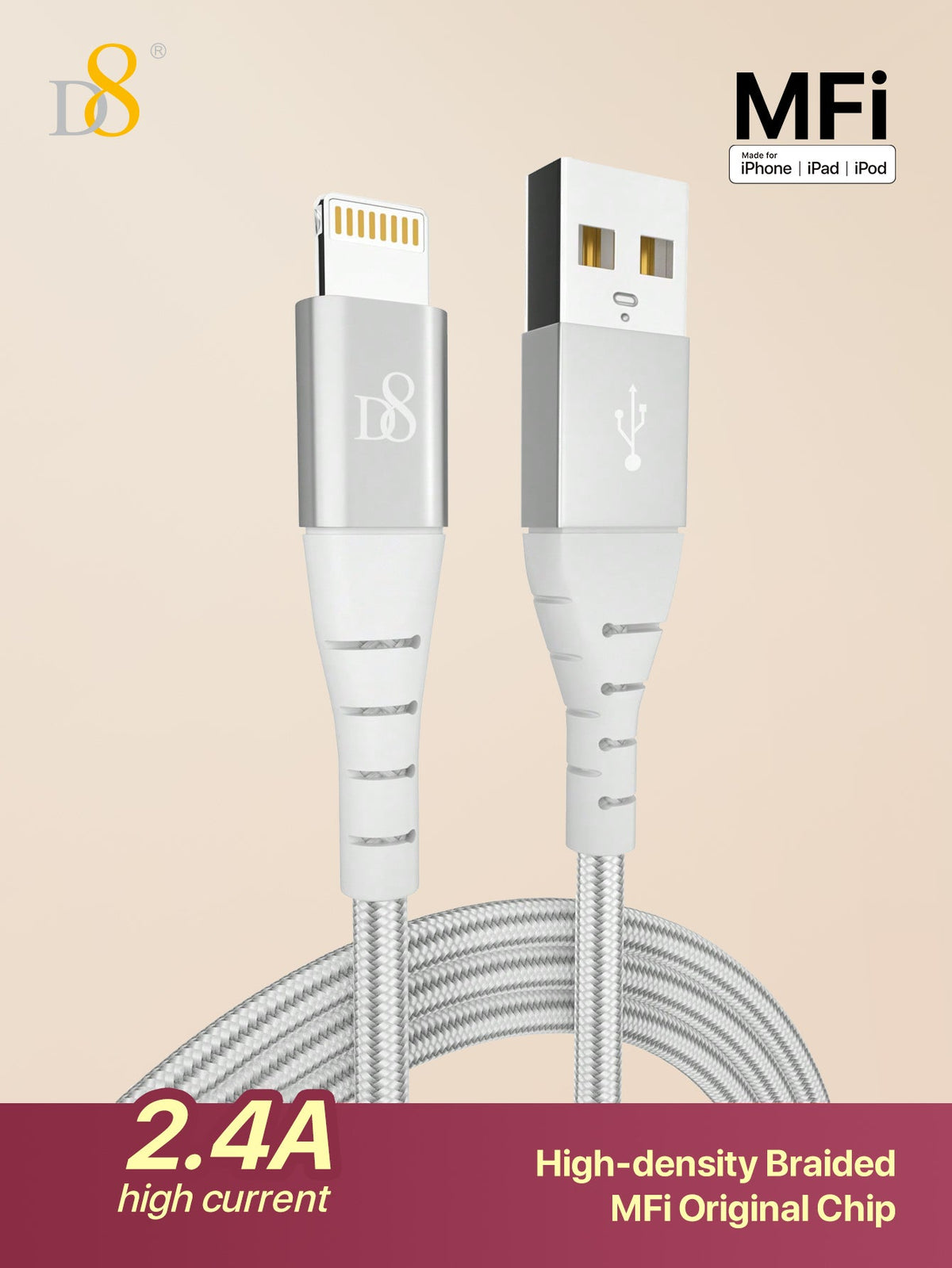 D8 Lightning Fast Charging Data Cable – High-Speed Charger for iPhone, iPad, and More