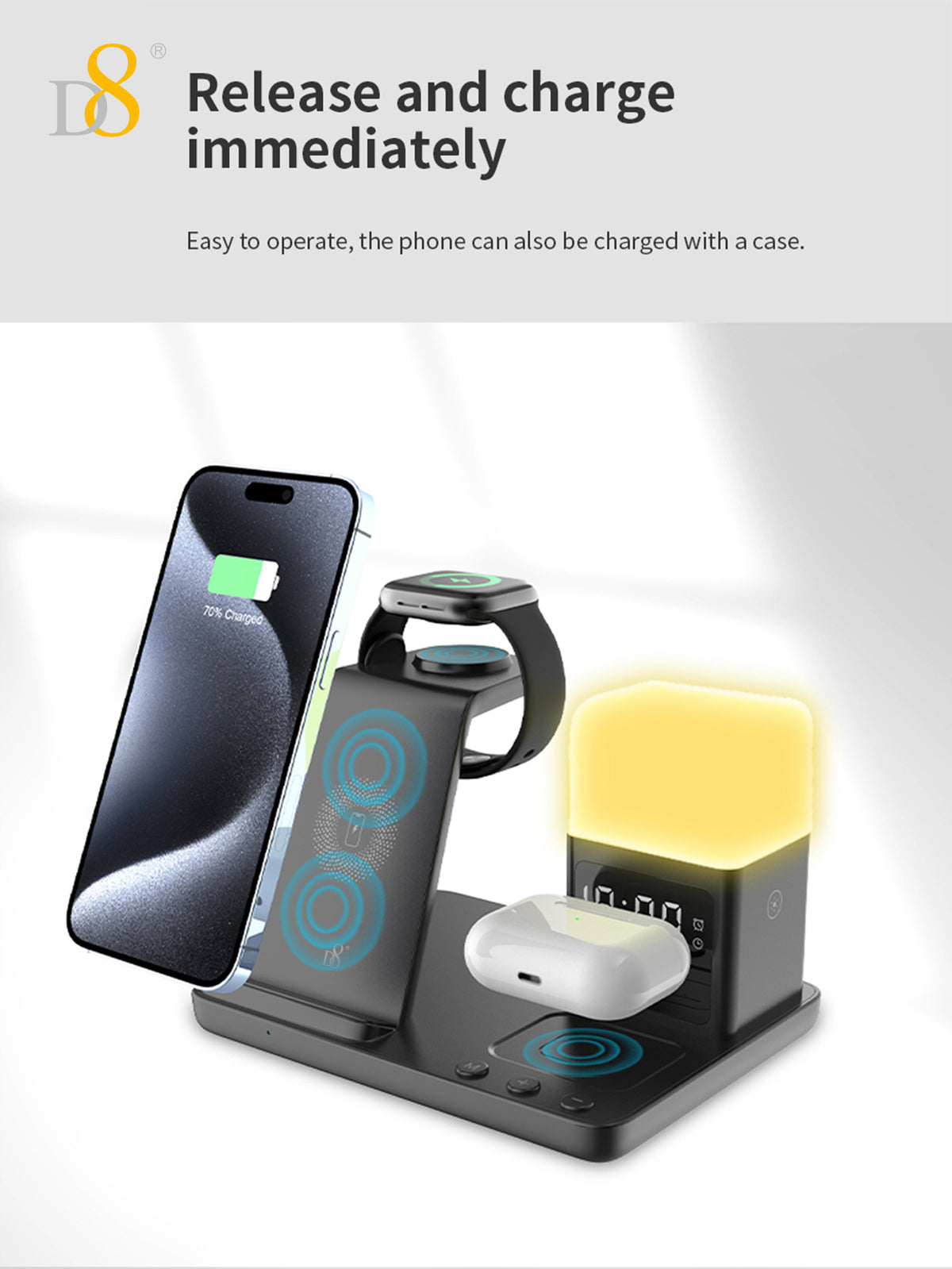 D8 3-in-1 Wireless Charging Station – Fast Charger for iPhone, Apple Watch, AirPods