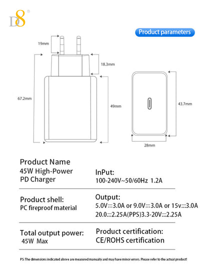 D8 45W USB-C Wall Charger – Fast Charging for iPhone, MacBook, iPad, Samsung