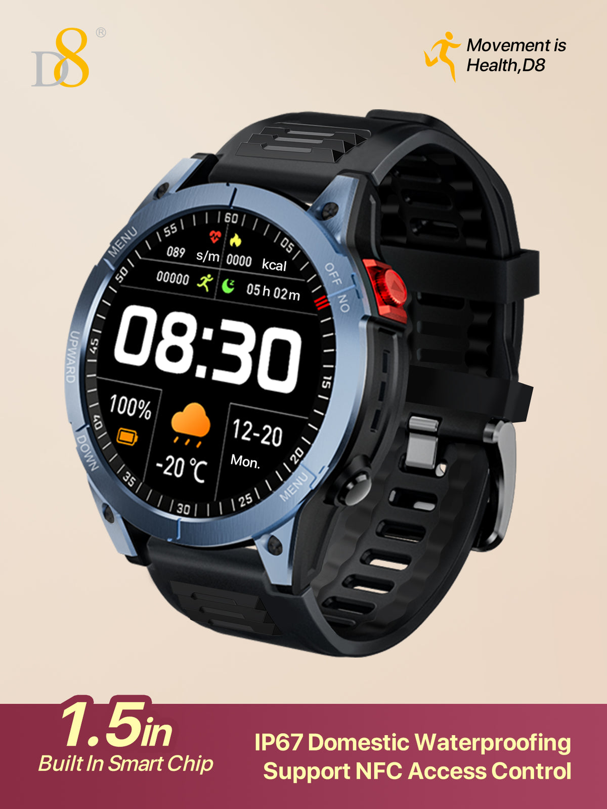 D8 Smart Watch for Men – Fitness Tracker, 100+ Sport Modes, IP67 Waterproof, Sleep Monitor, Call Function