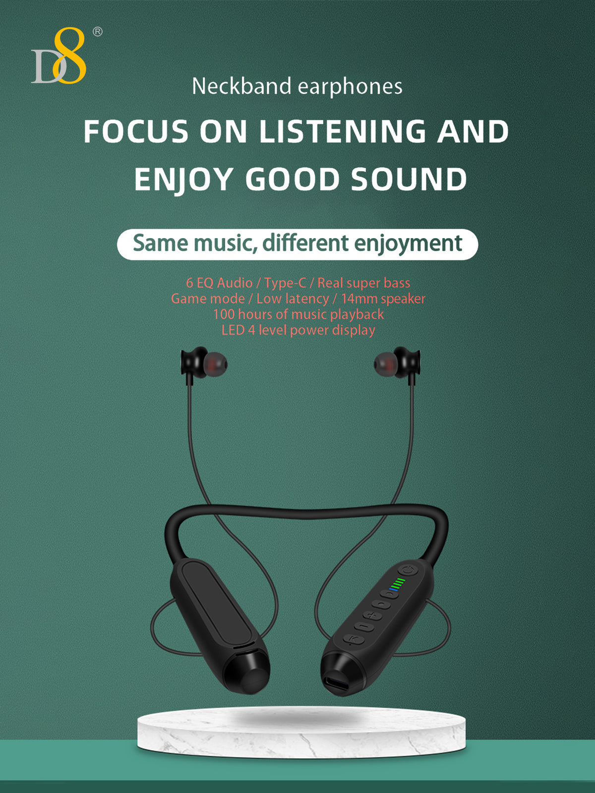 D8 Neckband Wireless Headphones – 100H Bluetooth, Waterproof, Mic