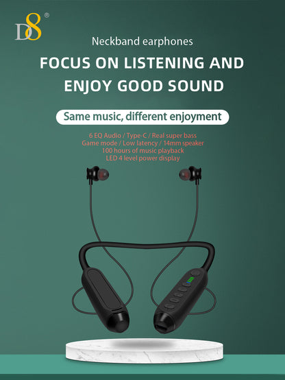 D8 Neckband Wireless Headphones – 100H Bluetooth, Waterproof, Mic