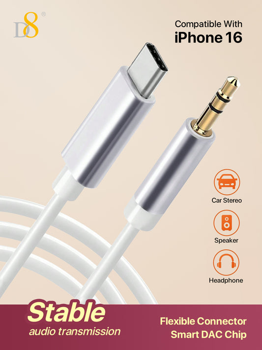 D8 USB-C to 3.5mm Audio Adapter – 3.3ft Type-C to AUX Jack for iPhone 16, Galaxy S24, iPad Pro, Pixel 8
