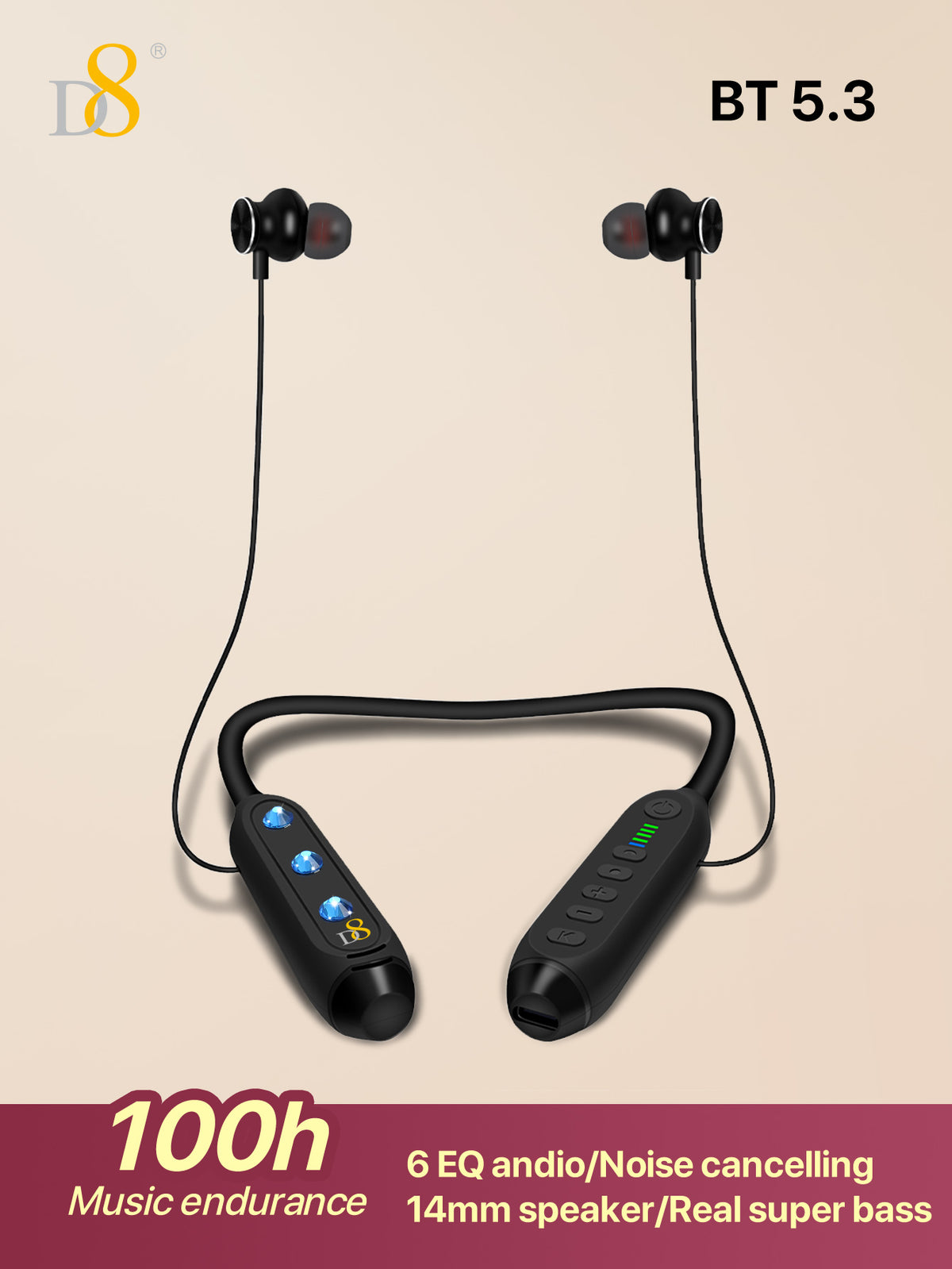 D8 Neckband Wireless Headphones – 100H Bluetooth, Waterproof, Mic