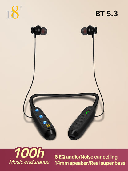 D8 Neckband Wireless Headphones – 100H Bluetooth, Waterproof, Mic