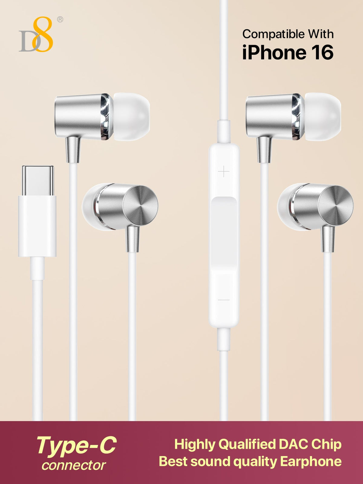 D8 USB-C Earbuds [2-Pack], In-Ear Headphones, Mic & Volume for iPhone/Samsung