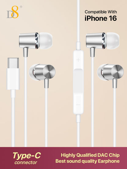 D8 USB-C Earbuds [2-Pack], In-Ear Headphones, Mic & Volume for iPhone/Samsung
