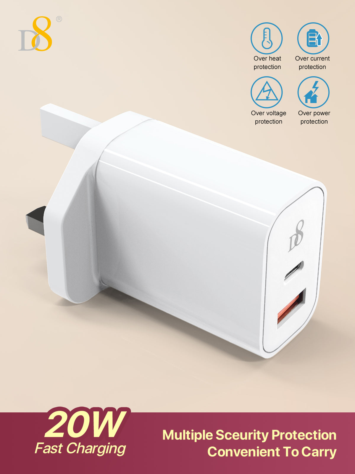 D8 20W USB-C PD Fast Charger – Dual Port for iPhone, iPad, Samsung