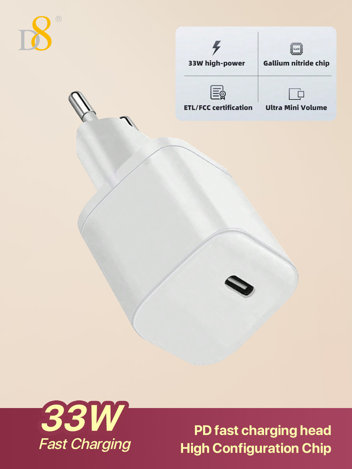 D8 33W USB-C Wall Charger – Fast Charging for iPhone & MacBook