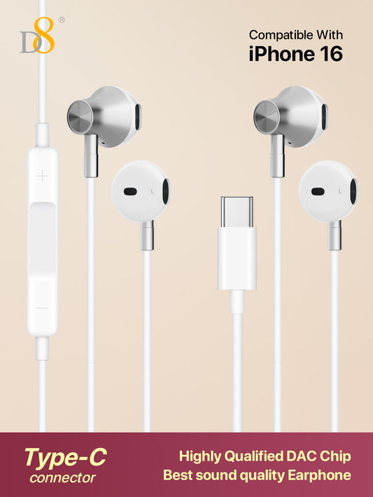 D8 2-Pack USB Type-C In-Ear Headphones – Mic & Volume Control for iPhone, iPad, Galaxy S23