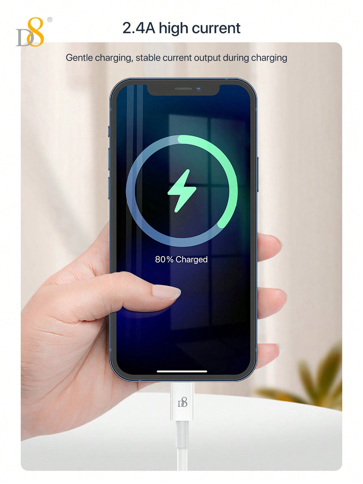 
Apple MFi certified Dynamic8 iPhone charger cable 0.25m, 2.4A fast charging
