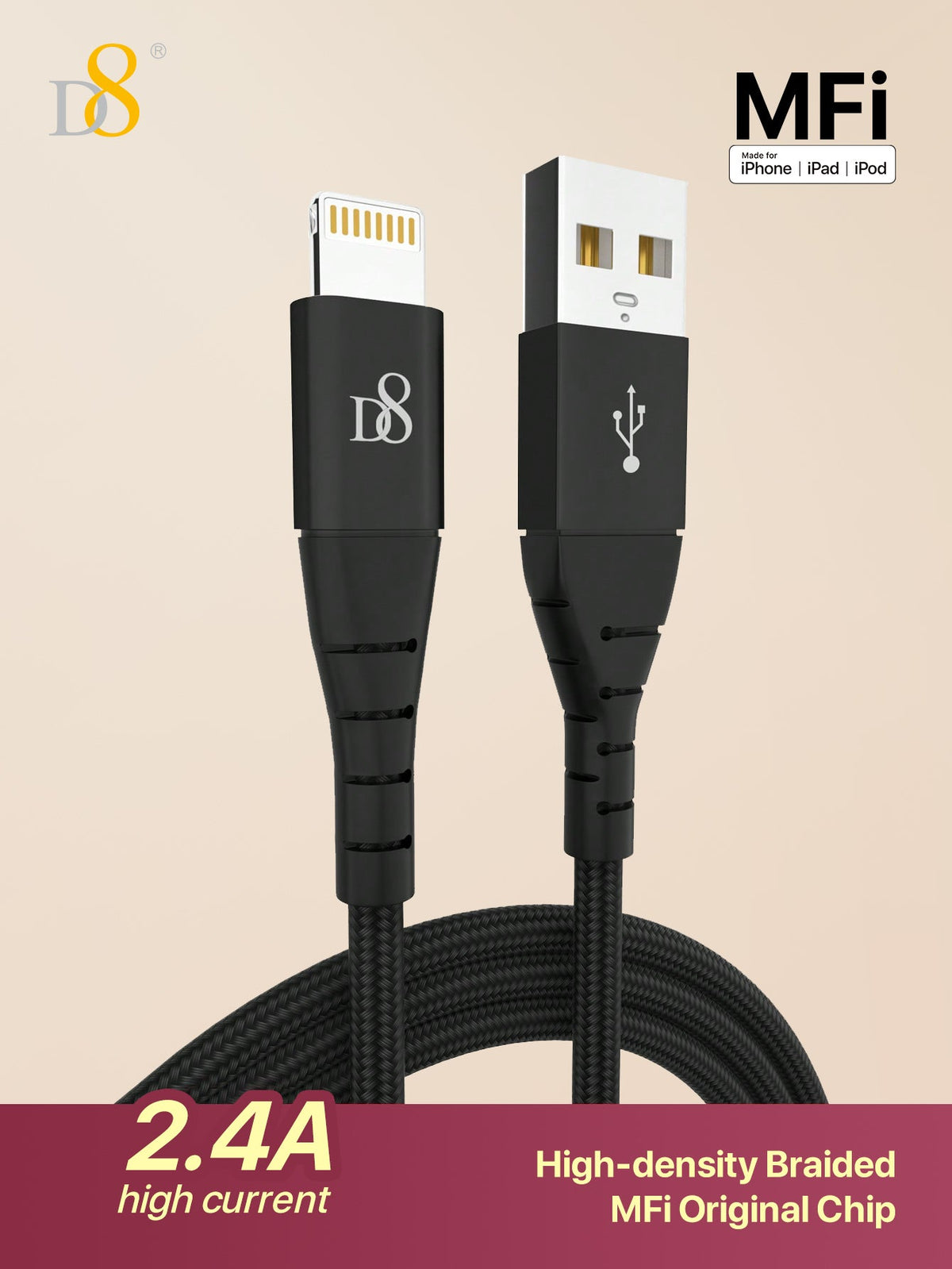 
Dynamic8 iPhone charger cable 3.3ft premium nylon USB-A to Lightning, MFi certified fast charging
