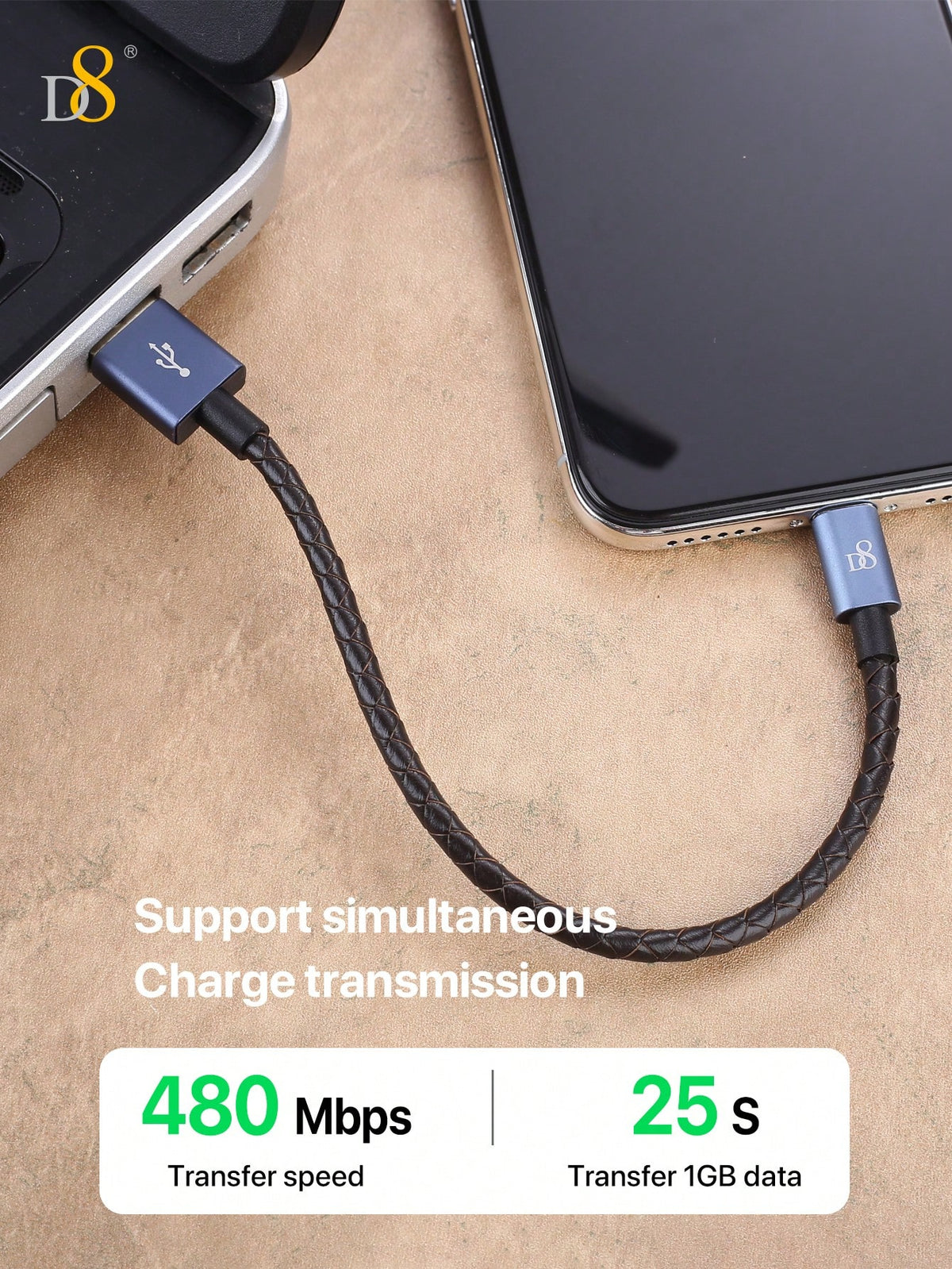 USB cable connecting to a smartphone on a beige surface with text highlighting transfer speed and time.