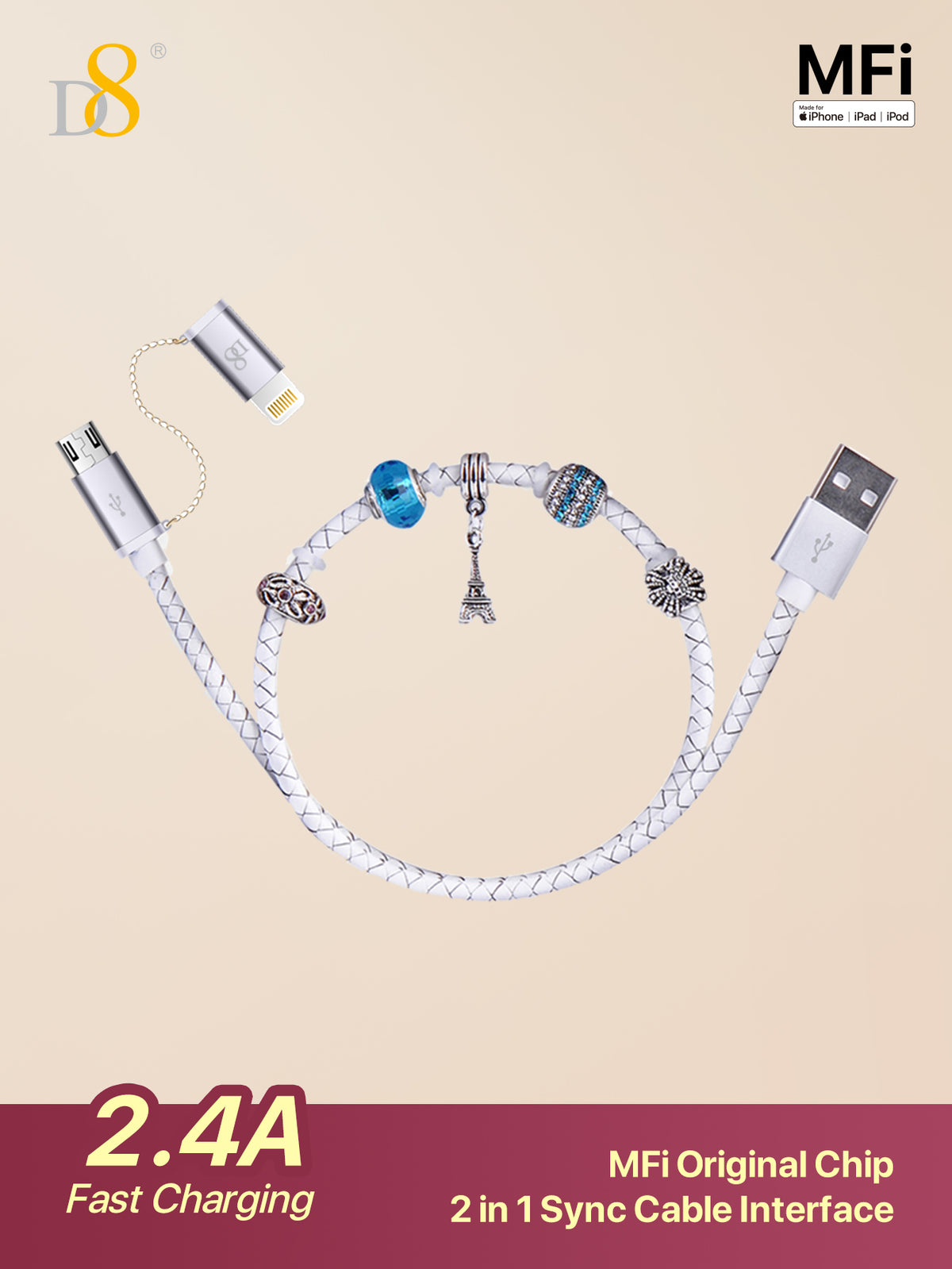 
Fashion-tech Dynamic8 beaded handmade Lightning cable, Apple MFi certified 2-in-1
