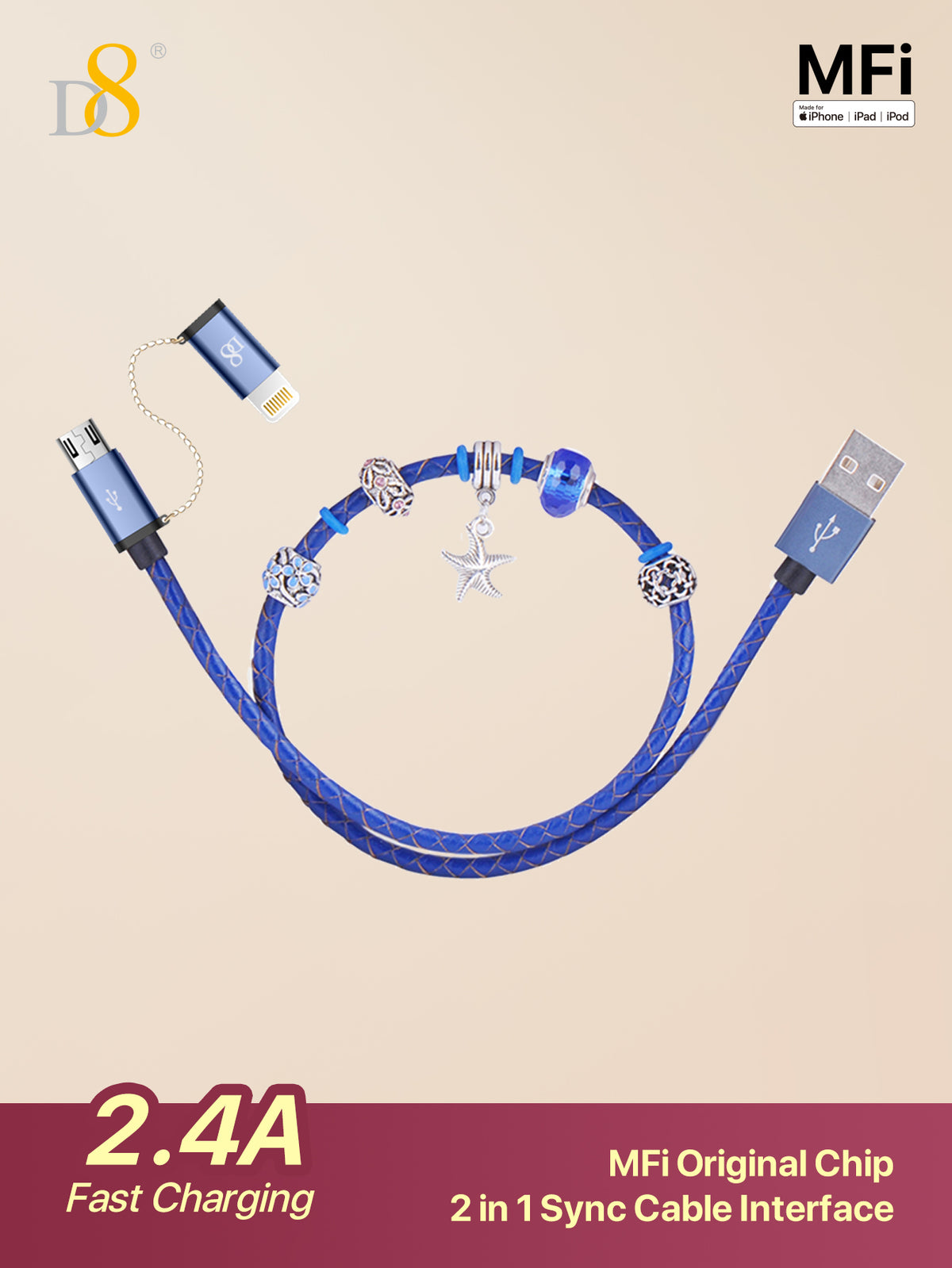 
Dynamic8 beaded handmade Lightning cable for iPhone and iPad, Apple MFi certified
