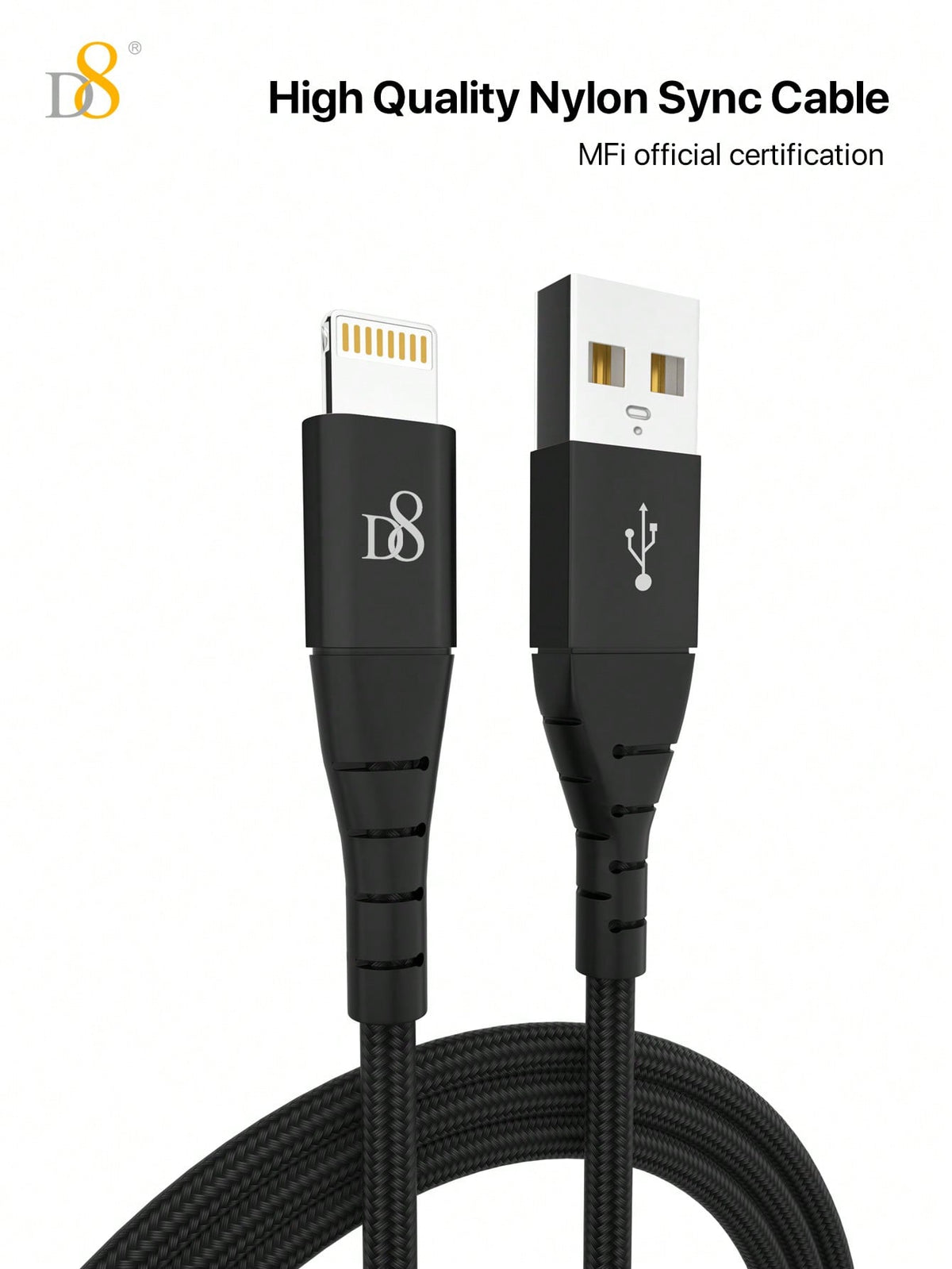 
Close-up of Dynamic8 premium nylon USB-A to Lightning iPhone charger cable, 3.3ft length
