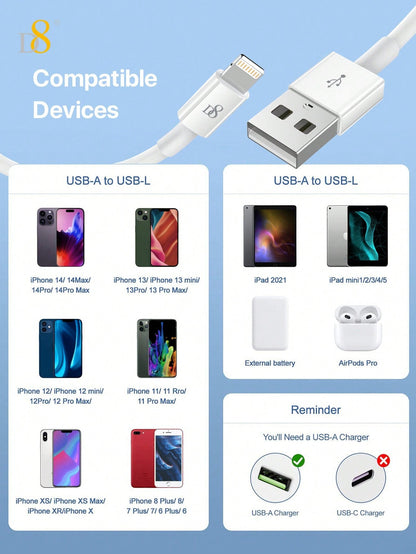 
Lifestyle image of Dynamic8 premium USB-A to Lightning cable 2-pack charging iPhone and iPad
