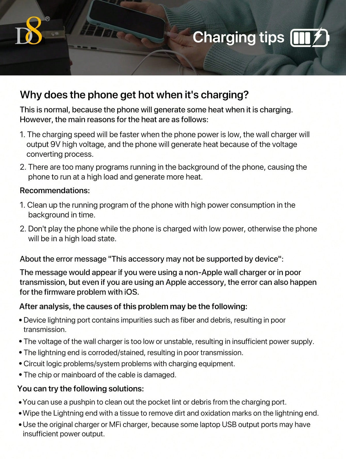 
Lifestyle image of Dynamic8 premium USB-A to Lightning cable charging iPhone
