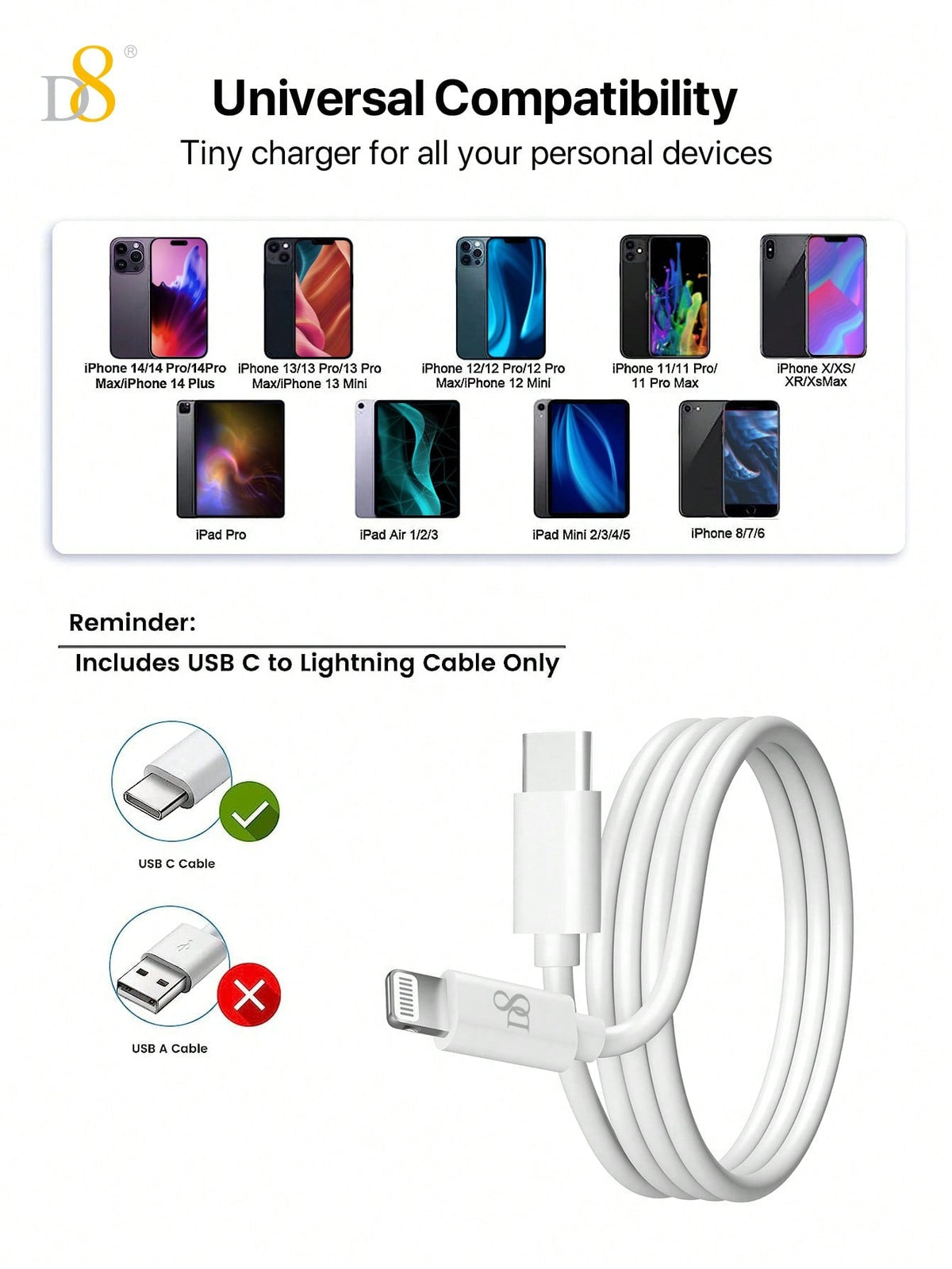 
Lifestyle image of Dynamic8 premium USB-C to Lightning cable, 1M PD fast charging
