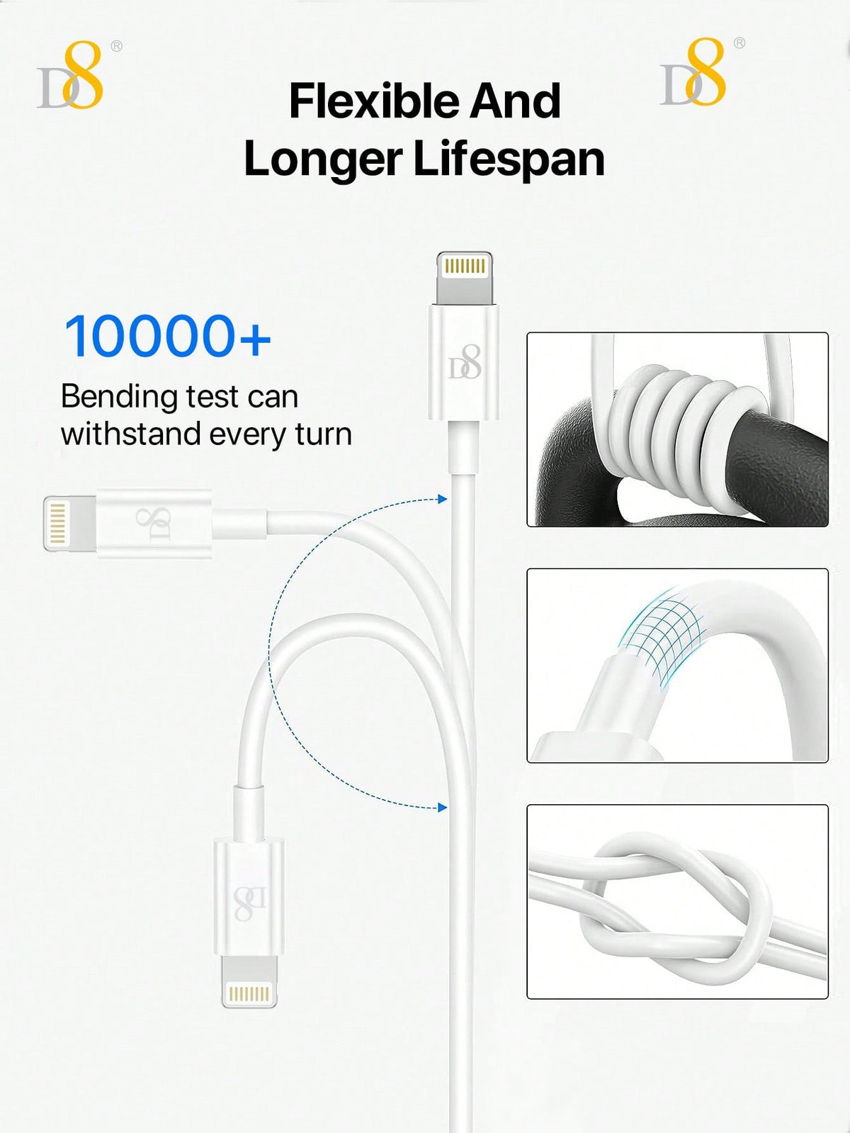 
Compact and travel-friendly Dynamic8 USB-A to Lightning cable 2-pack, fast charging
