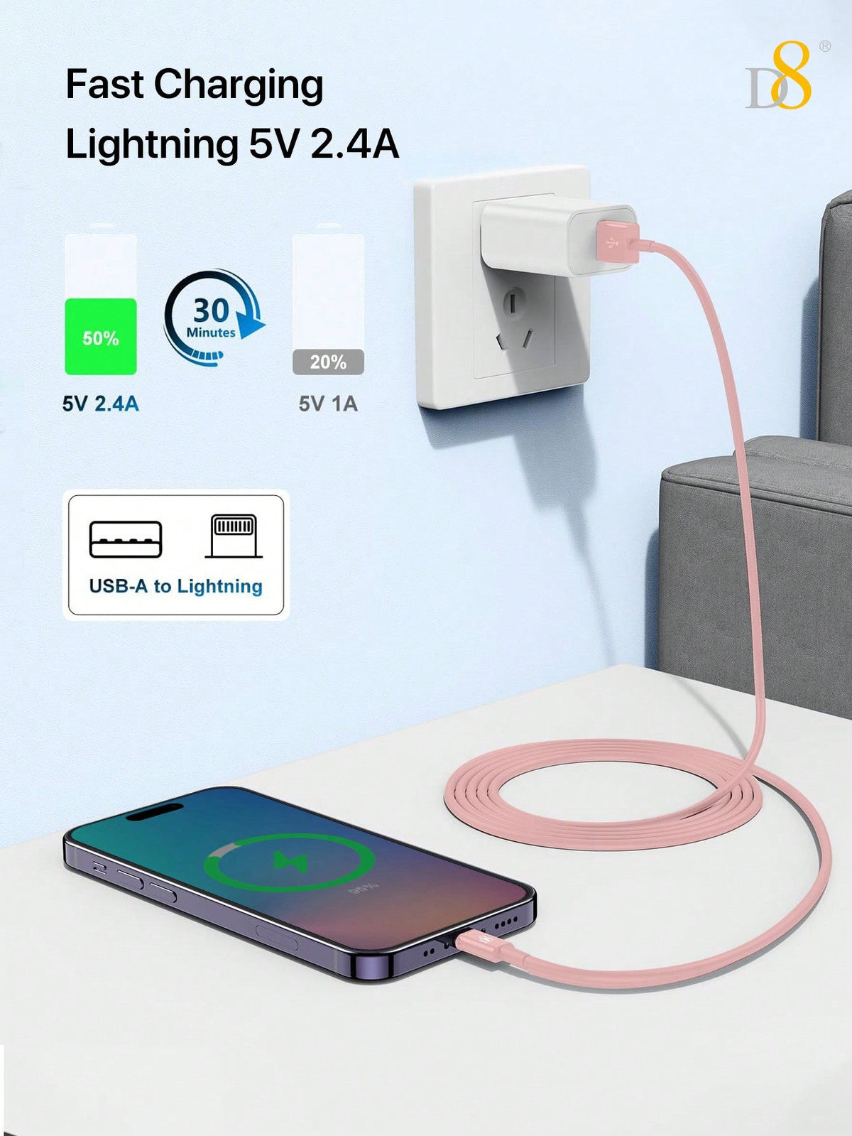 
Dynamic8 USB-A to Lightning cable for iPhone, compact and travel-friendly design
