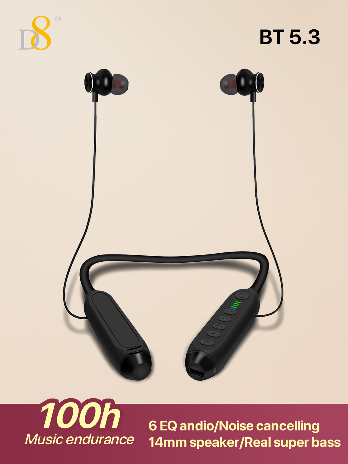 D8 Neckband Wireless Headphones – 100H Bluetooth, Waterproof, Mic