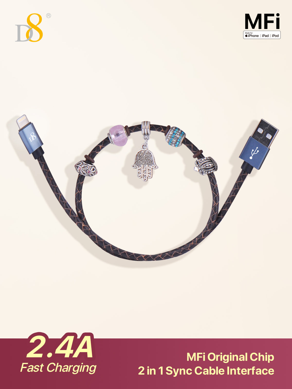 Dynamic8 MFi Certified Leather Lightning Cable - 20W PD Fast Charge