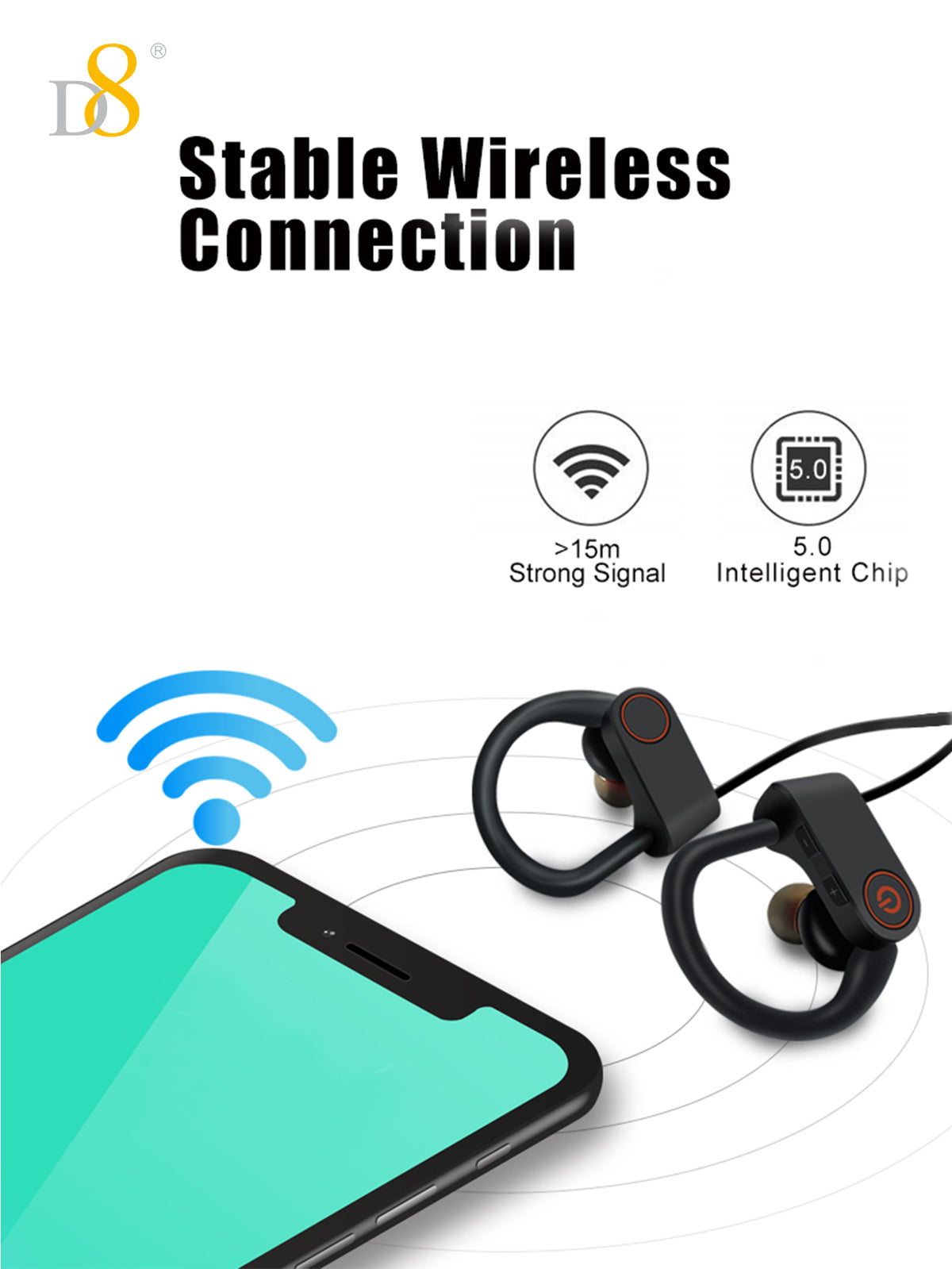 D8 Sports Wireless Earbuds – 10 Hours Playtime, Bluetooth 5.3, Deep Bass