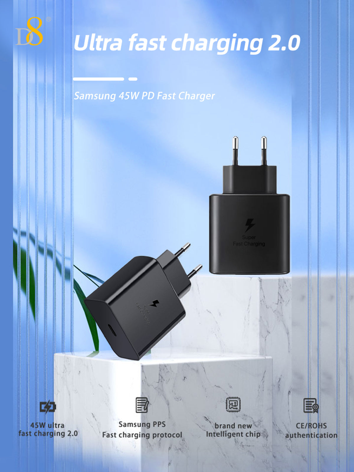 D8 45W USB-C Wall Charger – Fast Charging for iPhone, MacBook, iPad, Samsung