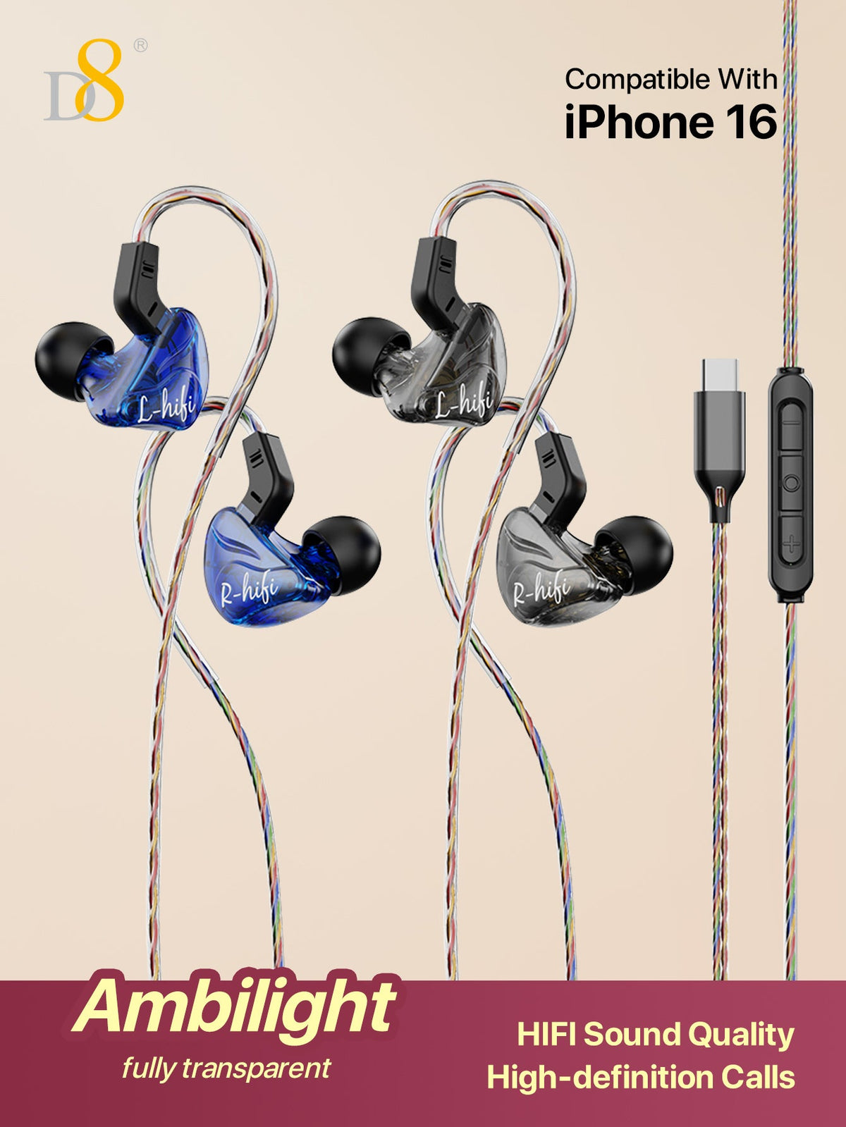 D8 USB-C Wired Earbuds, Mic, Controls, Sport Earhook, for iPhone/Galaxy/iPad