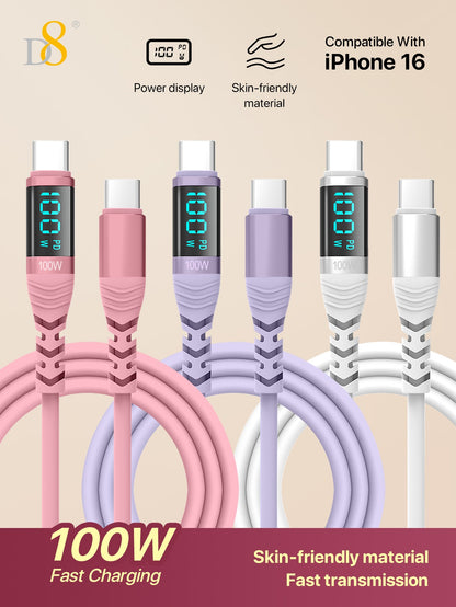 D8 USB-C Cable, 100W/5A Fast Charger with LED Display for iPhone/Galaxy/iPad
