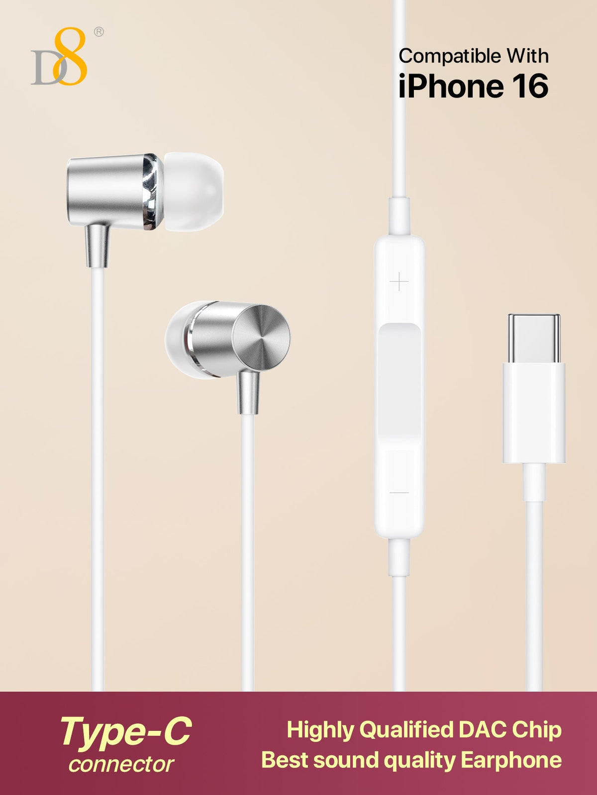 D8 USB Type-C In-Ear Headphones – Mic & Volume Control for iPhone, iPad, Galaxy